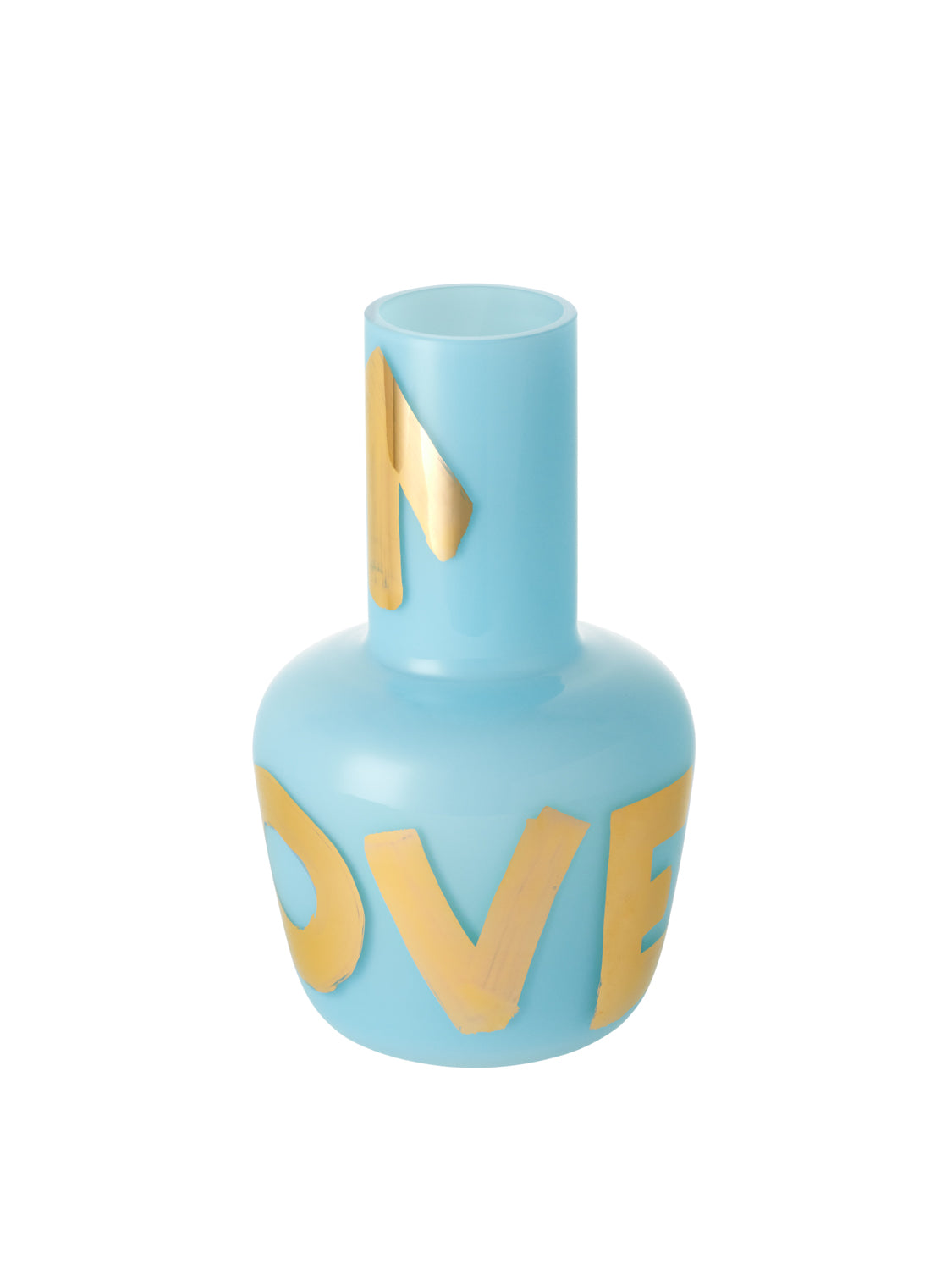 Tyrkysová mini váza s nápisem LOVE ve zlatě, ručně foukaná, součást exkluzivní kolekce Artisème x QUBUS.