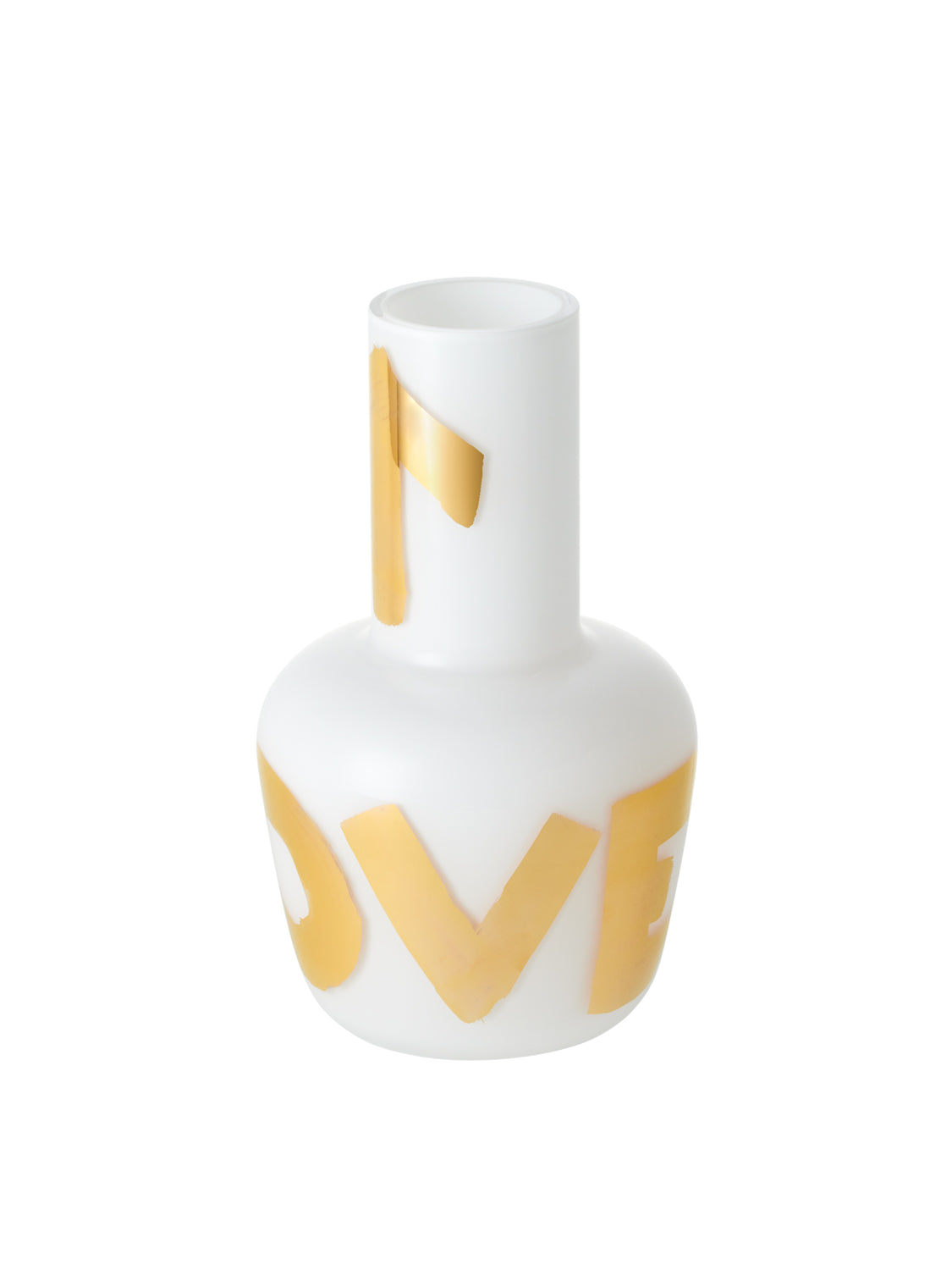 Mini bílá váza Unnamed s nápisem LOVE psaným zlatem, design Artisème x QUBUS, limitovaná edice.