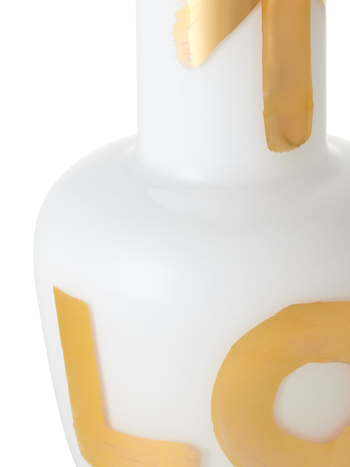 Detail of Unnamed Baby vase in white with gold lettering, part of exclusive Artisème x QUBUS collection.